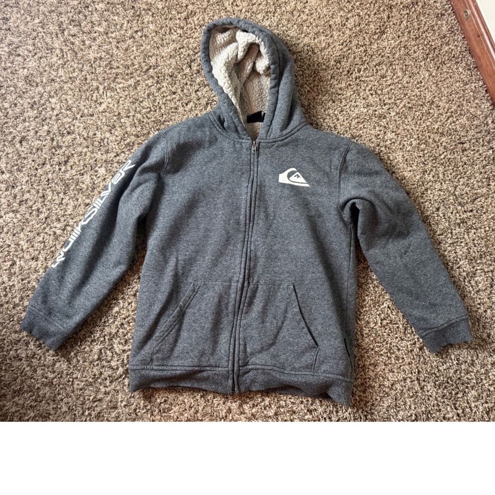 Quiksilver Boys Gray Sherpa Lined Full Zip Hoodie Logo Sweatshirt Size L Large